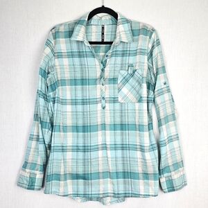 Kuhl Spektra Women's Pullover Shirt 1/4 Button Up Teal Plaid Women's Size Large‎